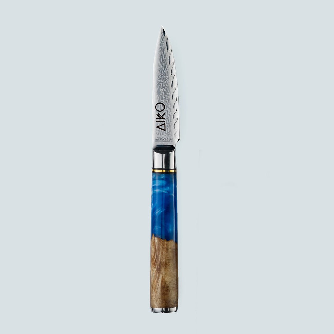 Aiko Blue Damascus Steel Knife with Coloured Blue Resin Handle