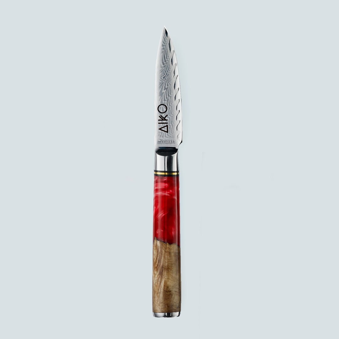 Aiko Red Damascus Steel Knife with Coloured Red Resin Handle