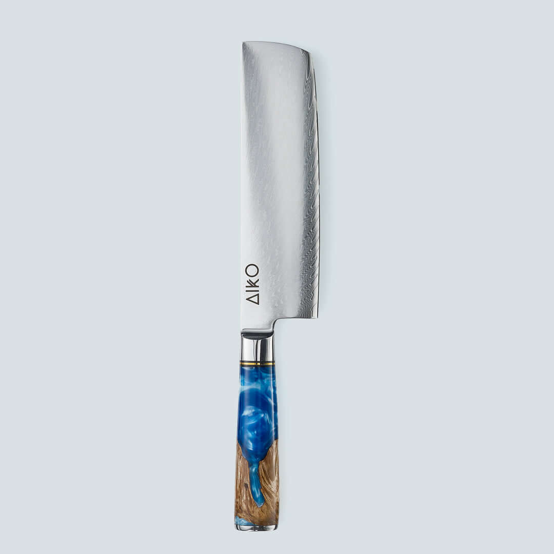 Aiko Blue (あいこ, アイコ) Damascus Steel Knife with Coloured Blue Resin Handle