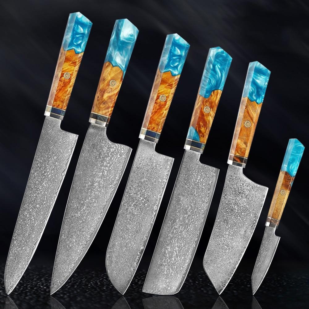 Makito Damascus Steel Knives With Coloured Blue Resin Handle