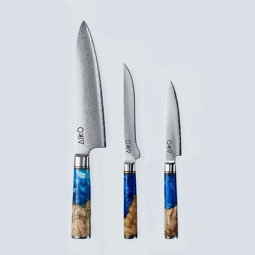 Aiko Blue (あいこ, アイコ) Damascus Steel Knife with Coloured Blue Resin Handle