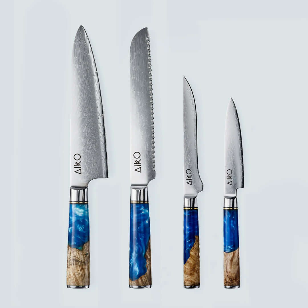 Aiko Blue (あいこ, アイコ) Damascus Steel Knife with Coloured Blue Resin Handle