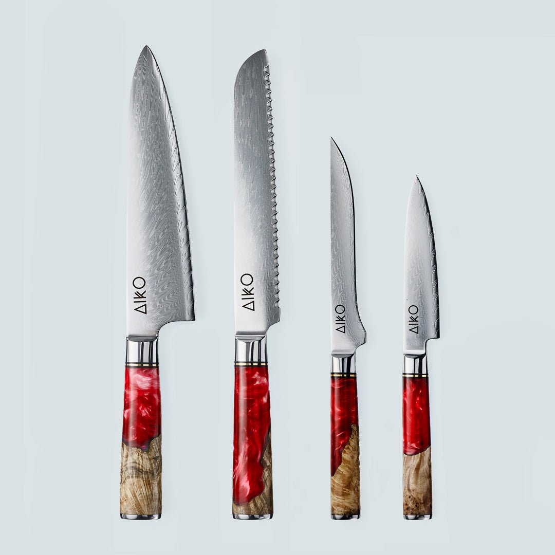Aiko Red Damascus Steel Knife with Coloured Red Resin Handle
