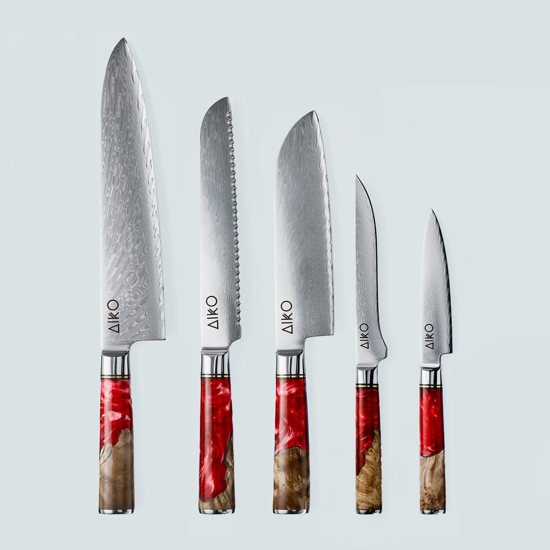 Aiko Red Damascus Steel Knife with Coloured Red Resin Handle