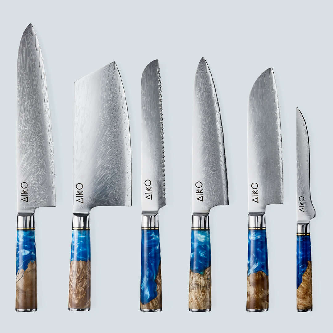 Aiko Blue (あいこ, アイコ) Damascus Steel Knife with Coloured Blue Resin Handle