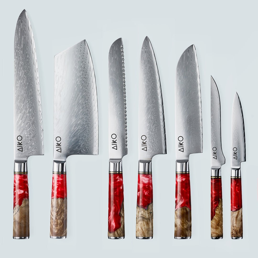 Aiko Red Damascus Steel Knife with Coloured Red Resin Handle