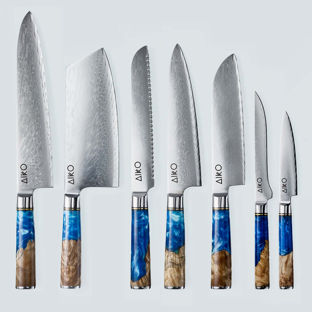 Aiko Blue Damascus Steel Knife with Coloured Blue Resin Handle