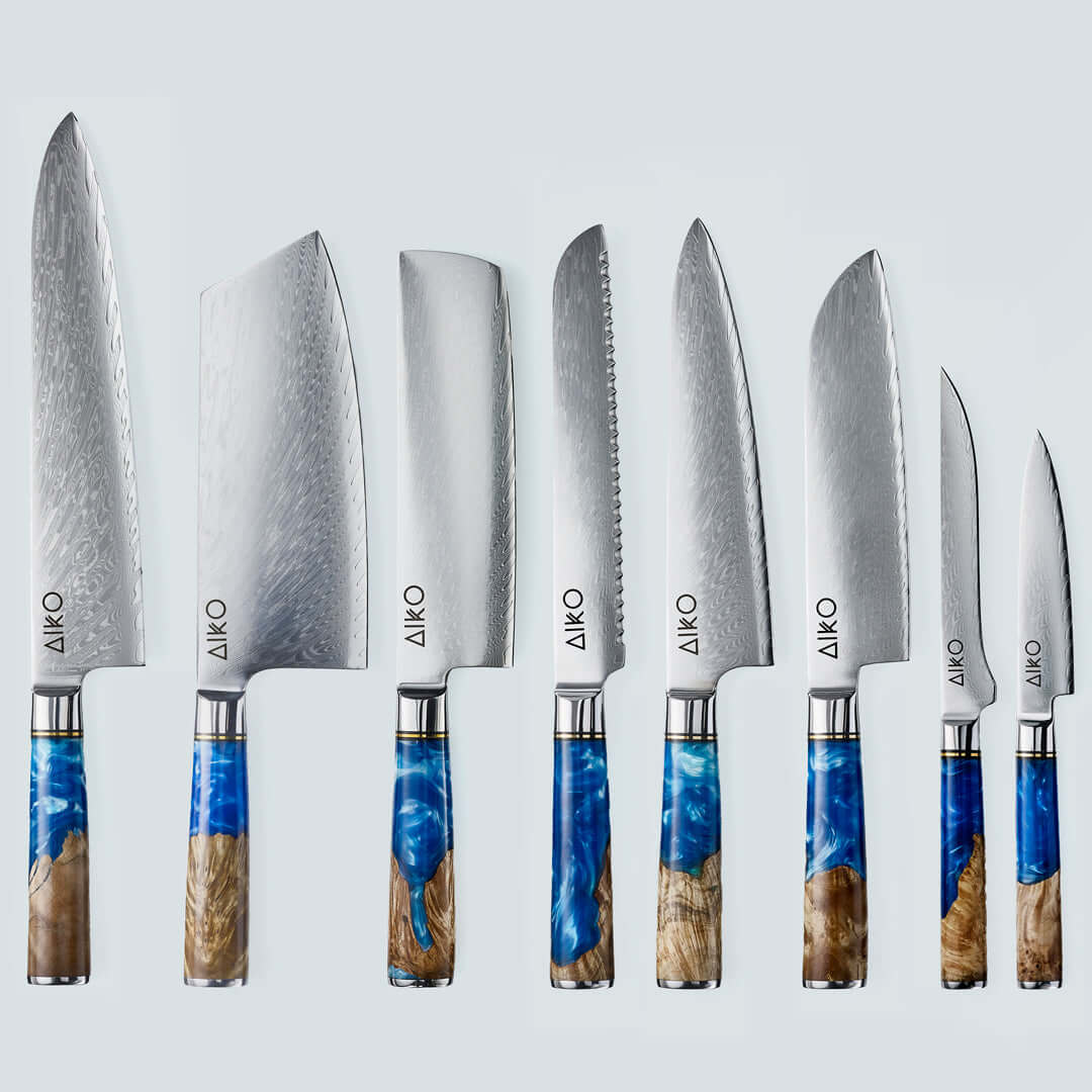 Aiko Blue Damascus Steel Knife with Coloured Blue Resin Handle