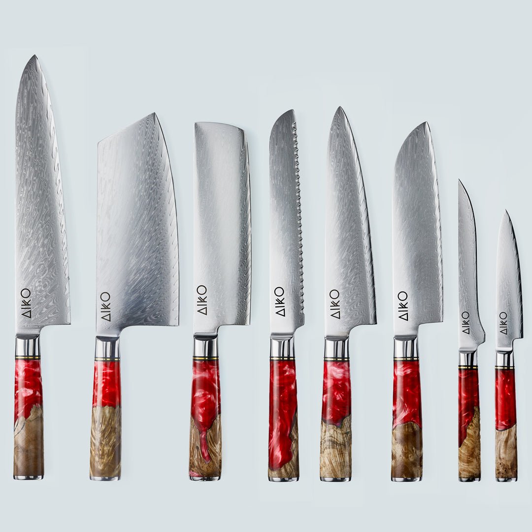 Aiko Red Damascus Steel Knife with Coloured Red Resin Handle