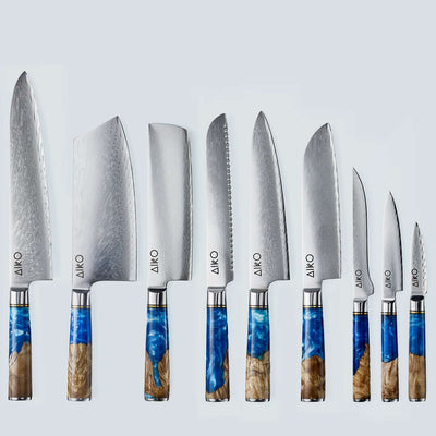 Aiko Blue Damascus Steel Knife with Coloured Blue Resin Handle