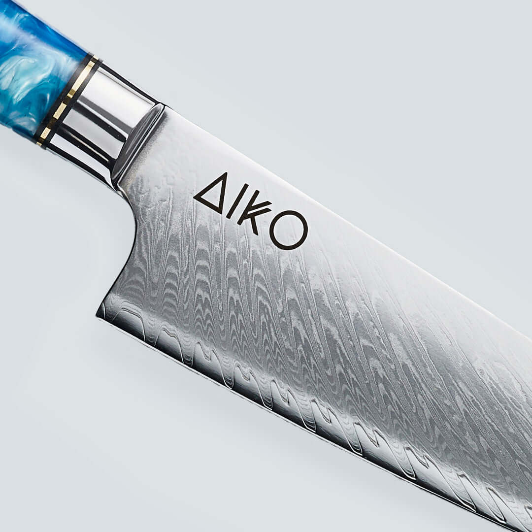 Aiko Blue Damascus Steel Knife with Coloured Blue Resin Handle