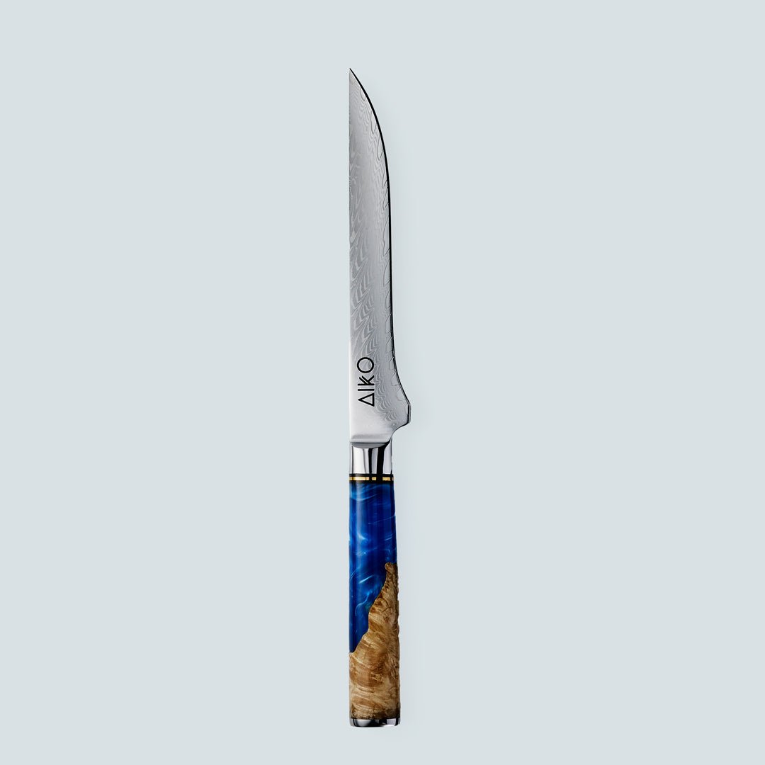 Aiko Blue (あいこ, アイコ) Damascus Steel Knife with Coloured Blue Resin Handle