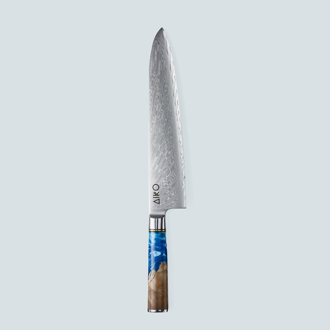 Aiko Blue (あいこ, アイコ) Damascus Steel Knife with Coloured Blue Resin Handle