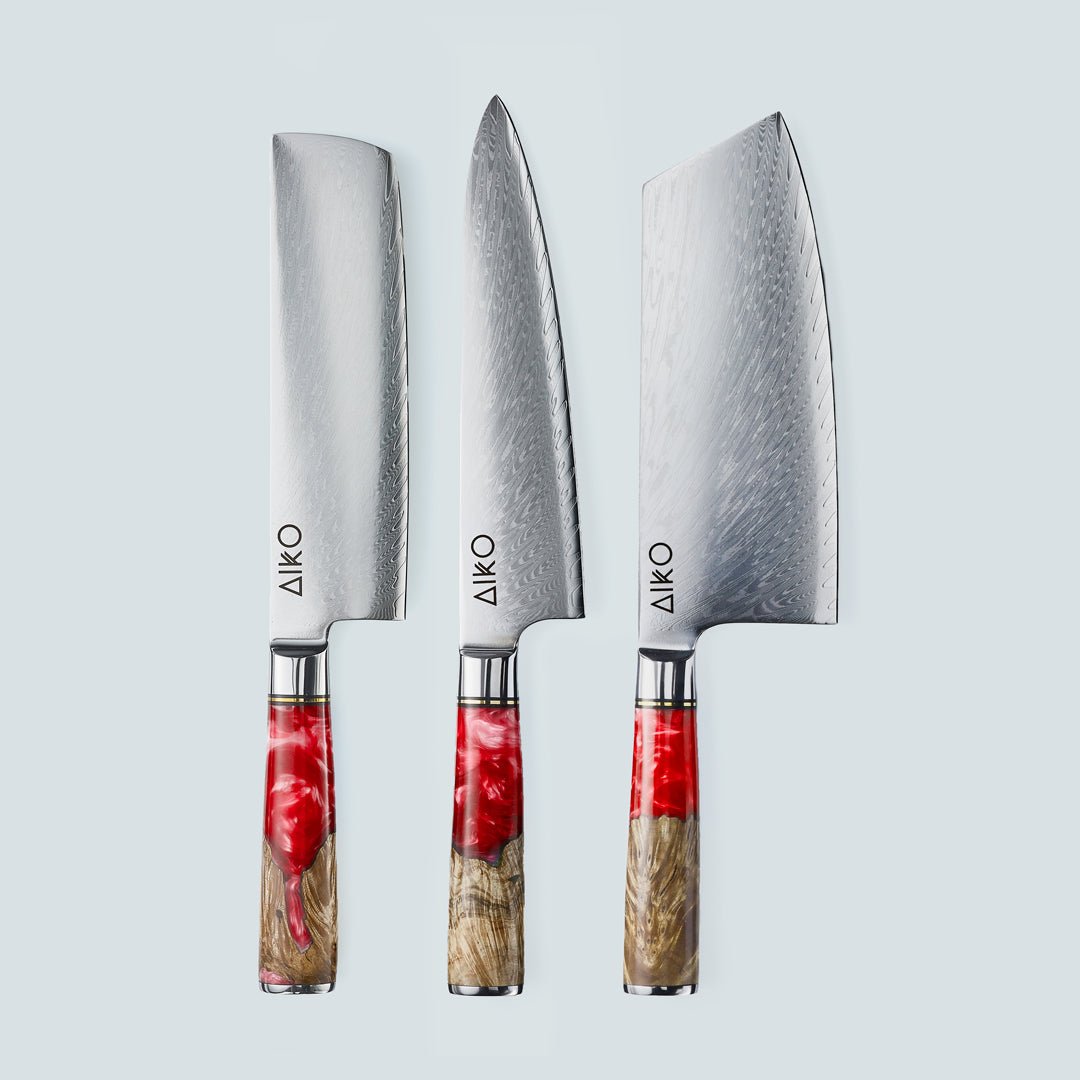 Aiko Red Damascus Steel Knife with Coloured Red Resin Handle