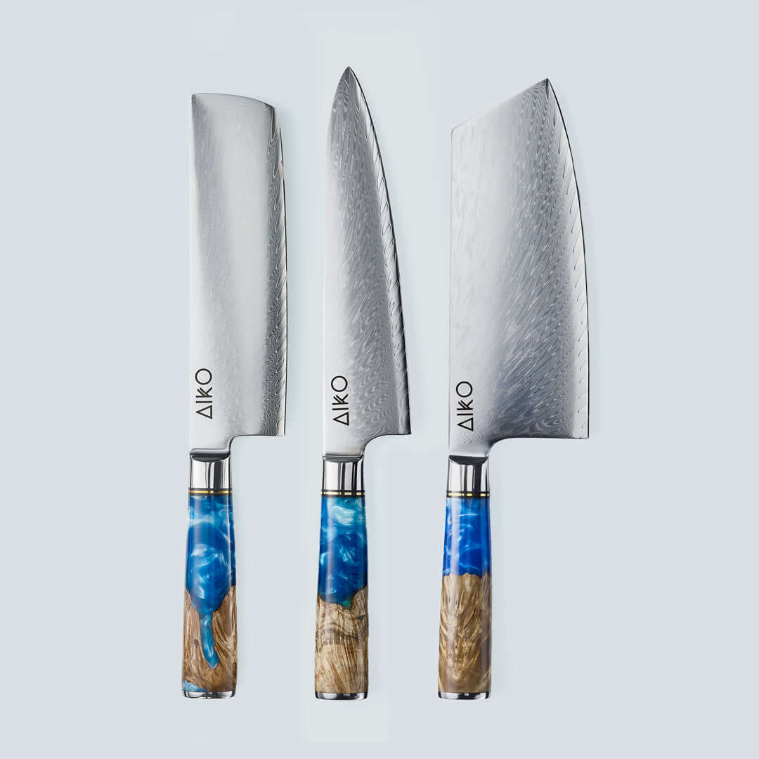 Aiko Blue Damascus Steel Knife with Coloured Blue Resin Handle