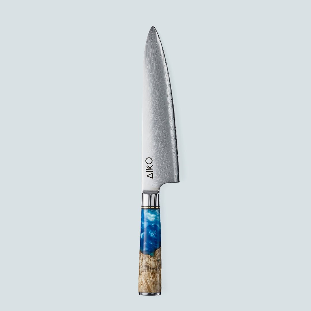 Aiko Blue (あいこ, アイコ) Damascus Steel Knife with Coloured Blue Resin Handle