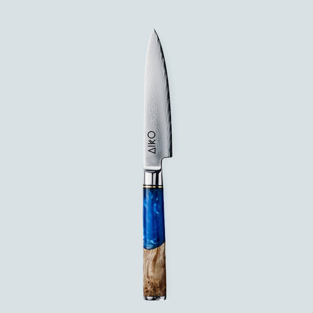 Aiko Blue Damascus Steel Knife with Coloured Blue Resin Handle