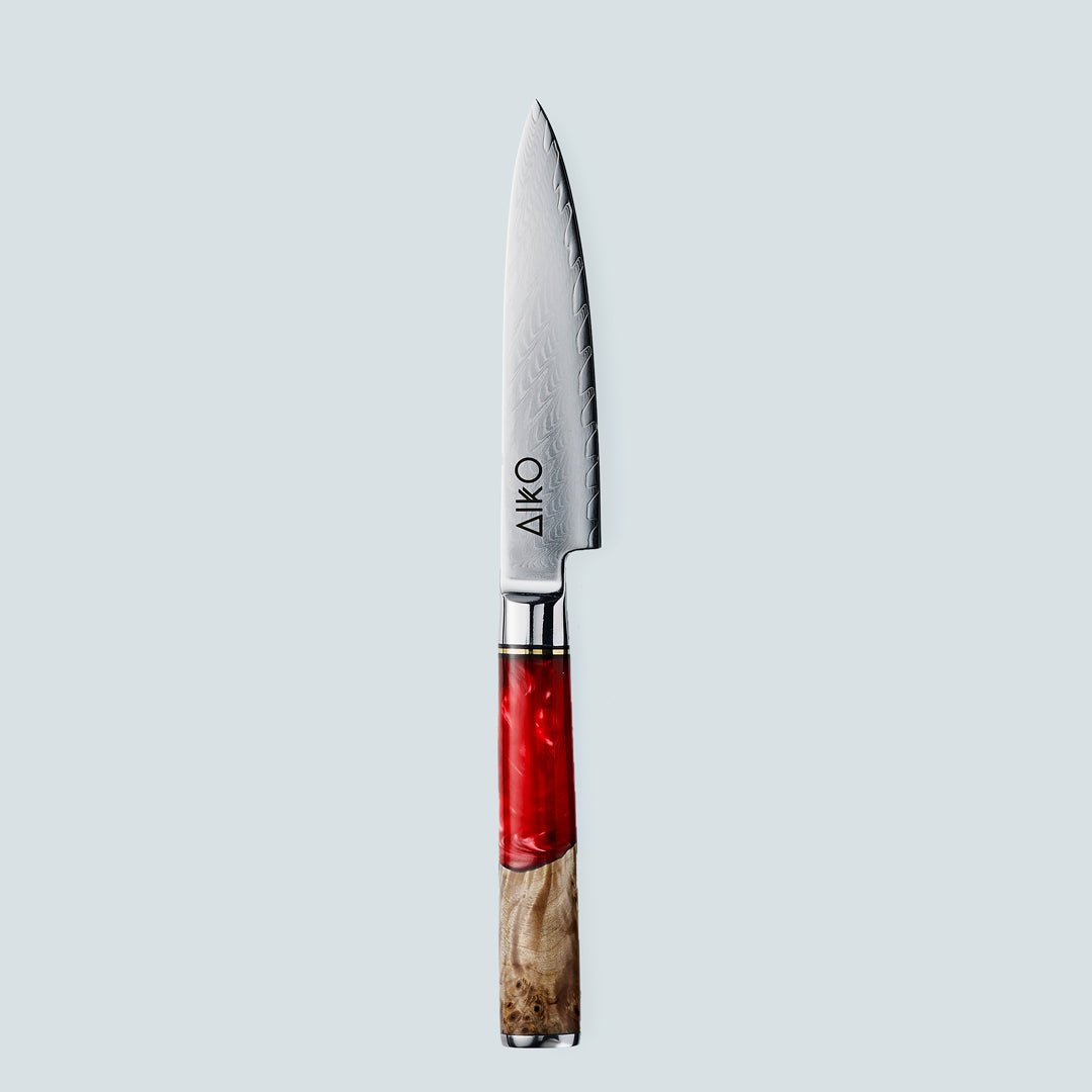 Aiko Red Damascus Steel Knife with Coloured Red Resin Handle