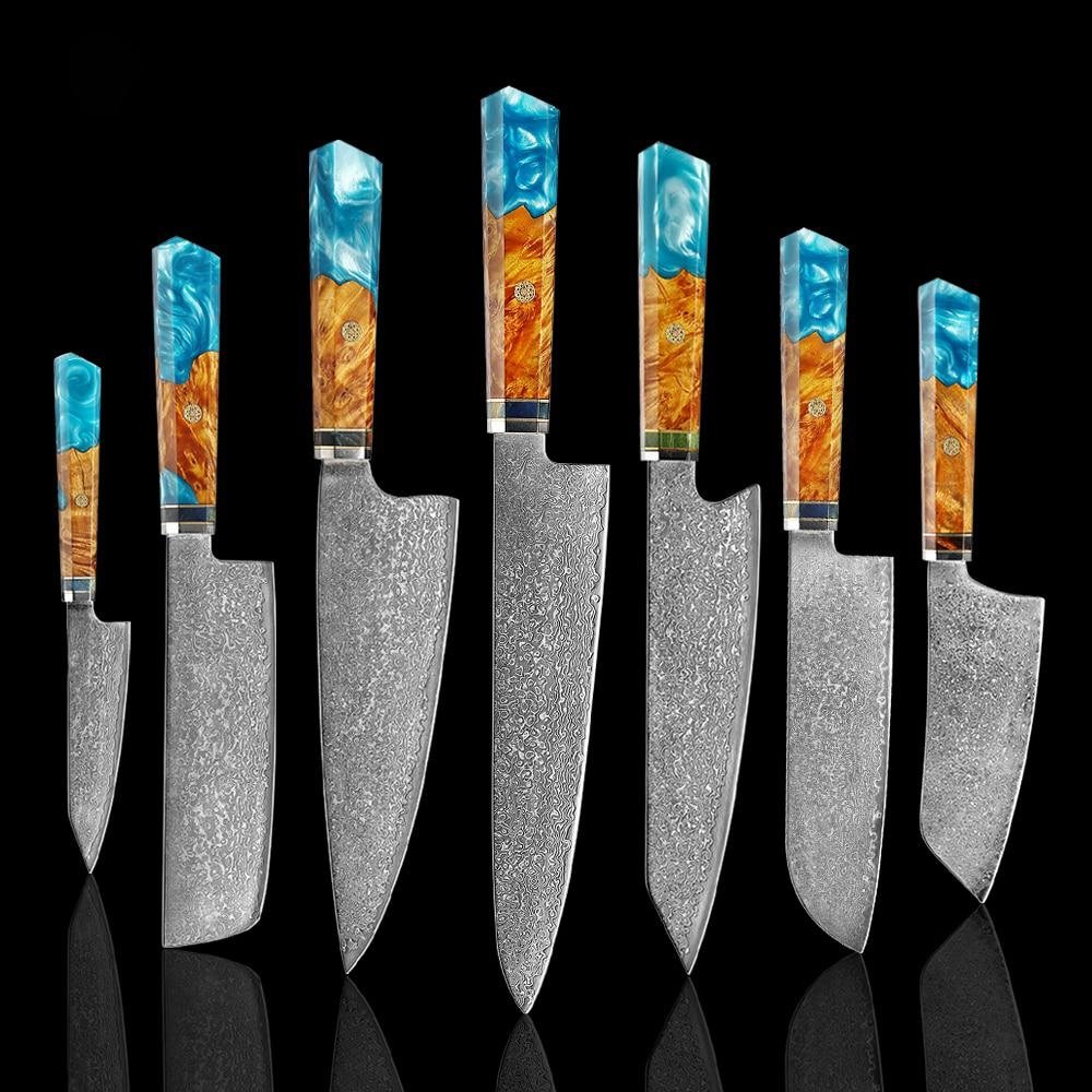 Makito Damascus Steel Knives With Coloured Blue Resin Handle