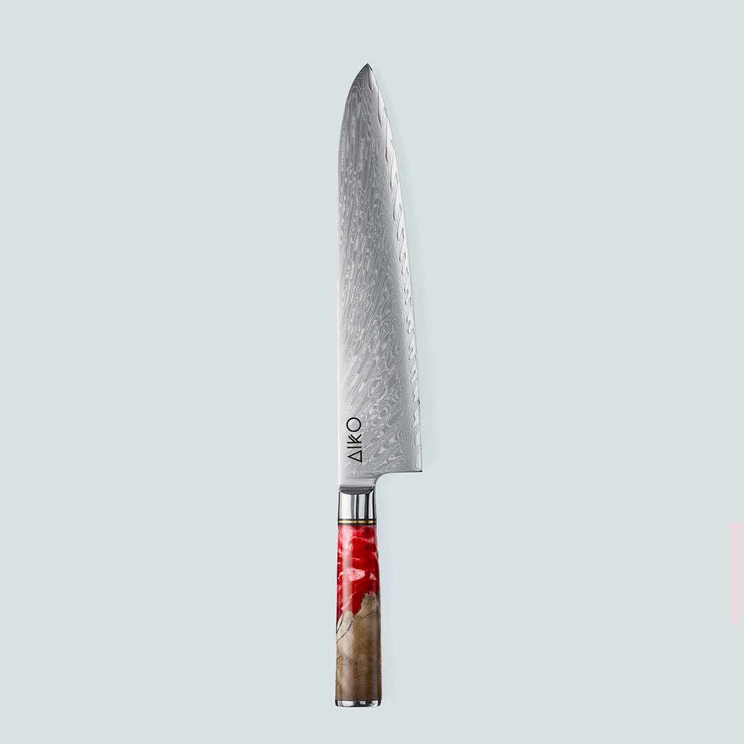 Aiko Red (あいこ, アイコ) Damascus Steel Knife with Coloured Red Resin Handle