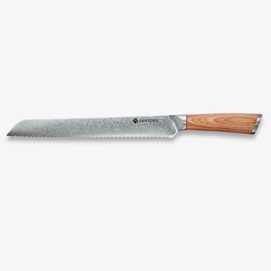 Haruta 10 inch VG10 Damascus bread knife with wooden handle and scabbard