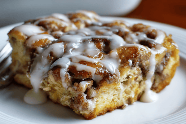 Gooey Cinnamon Roll Breakfast Casserole with Vanilla Glaze