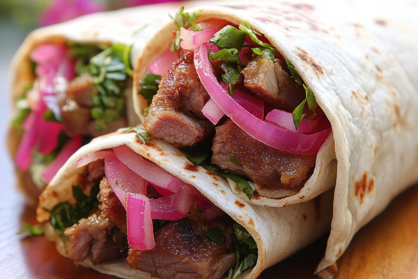 Spiced Leftover Lamb Wraps with Mint Yogurt and Pickled Onions