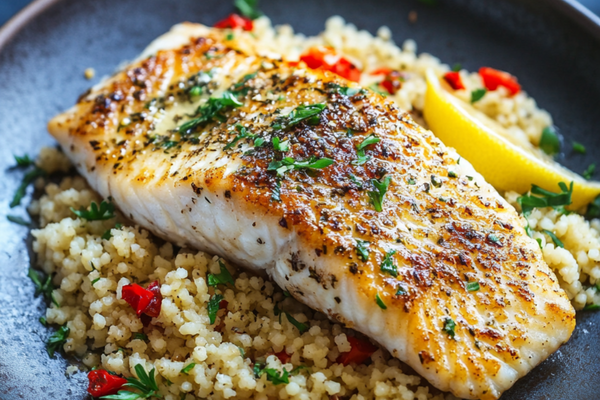 Pan-Seared Sea Bass with Lemon Butter Sauce and Herb Couscous