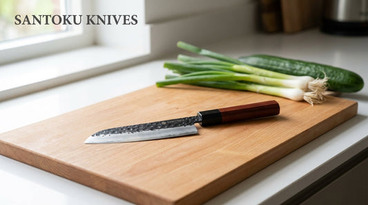 Japanese santoku knife on a wooden chopping board in a bright kitchen - the best first Japanese knife for beginners