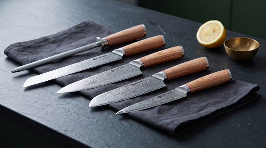 A five-piece Japanese Damascus kitchen knife set with wooden handles and scabbards laid out on a dark slate worktop