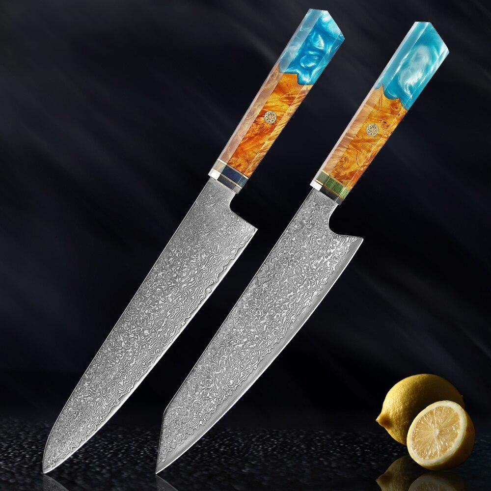 Makito Damascus Steel Knives With Coloured Blue Resin Handle