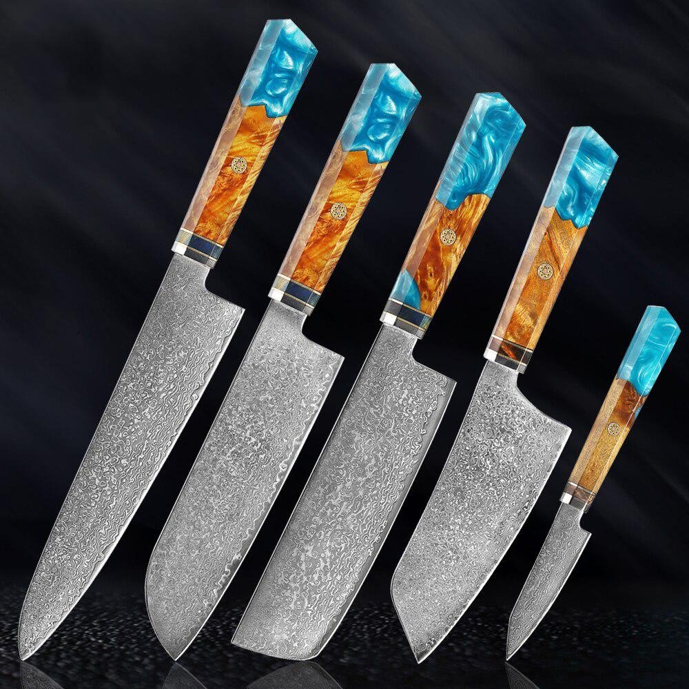 Makito Damascus Steel Knives With Coloured Blue Resin Handle