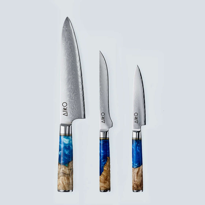 Aiko Blue Damascus Steel Knife with Coloured Blue Resin Handle