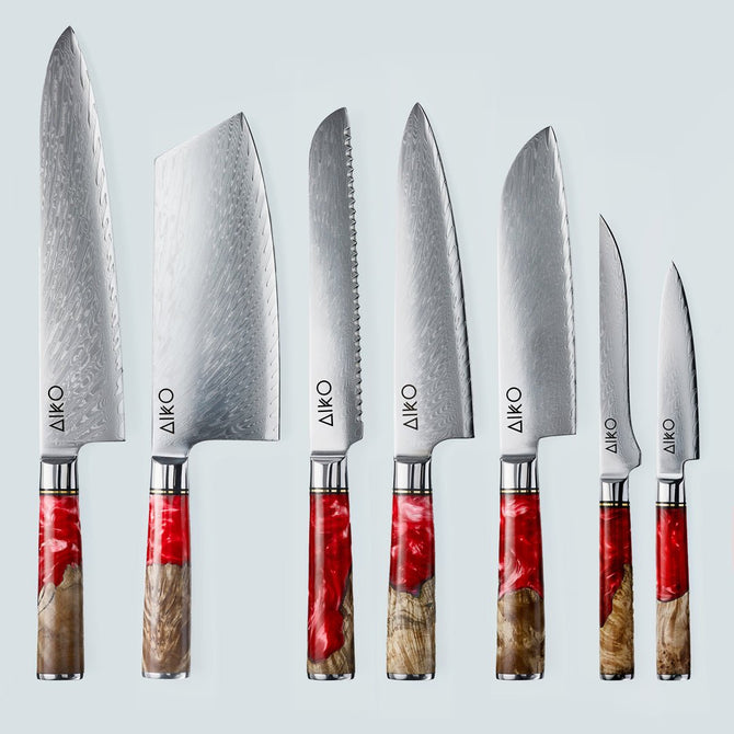 Aiko Red Damascus Steel Knife with Coloured Red Resin Handle