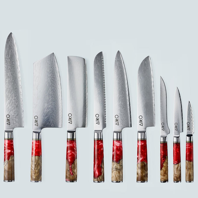 Aiko Red Damascus Steel Knife with Coloured Red Resin Handle
