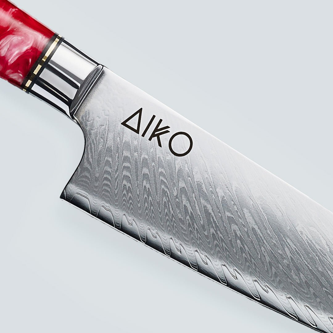 Aiko Red (あいこ, アイコ) Damascus Steel Knife with Coloured Red Resin Handle
