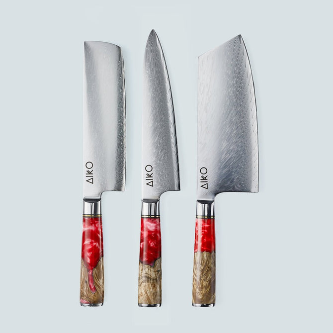 Aiko Red Damascus Steel Knife with Coloured Red Resin Handle