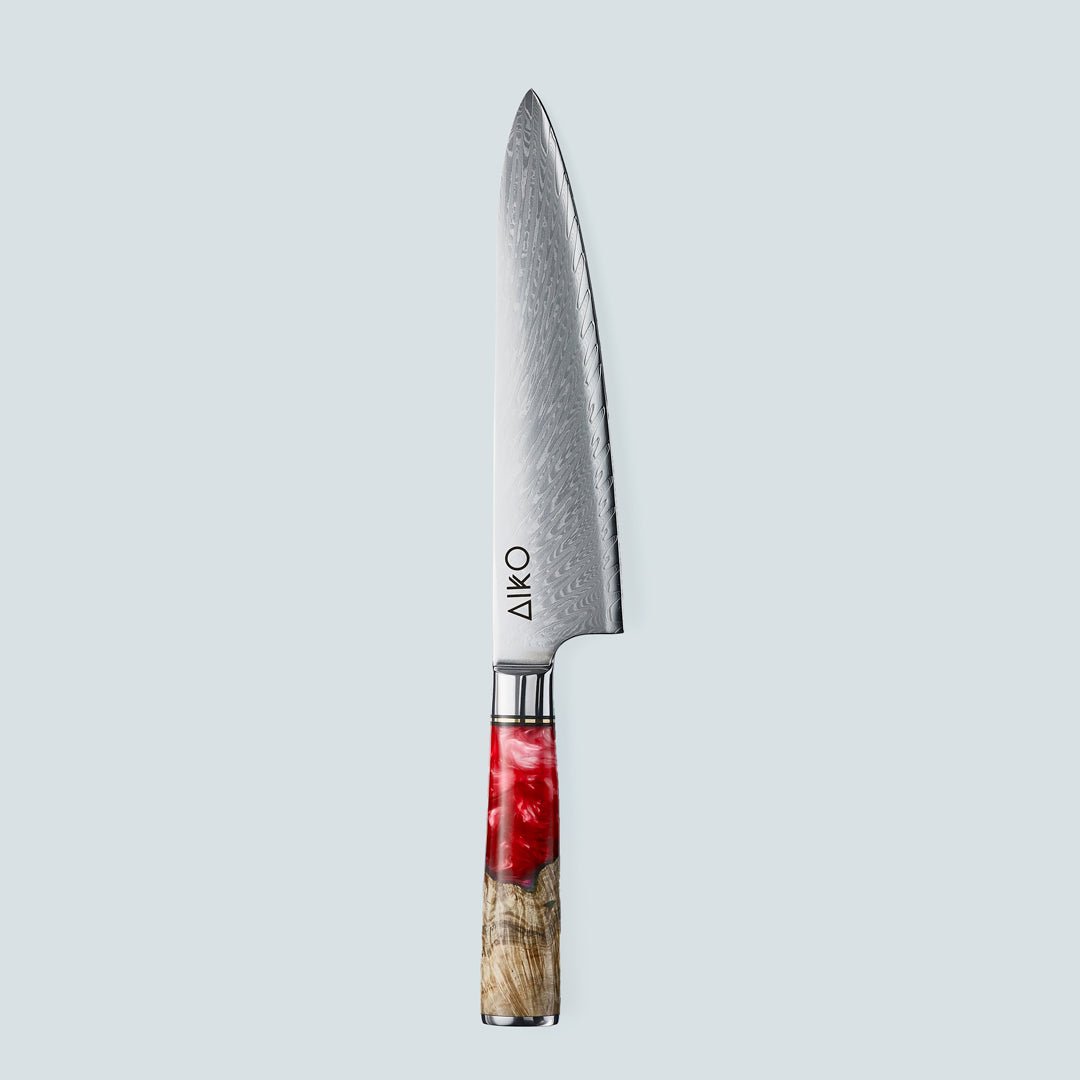 Aiko Red (あいこ, アイコ) Damascus Steel Knife with Coloured Red Resin Handle